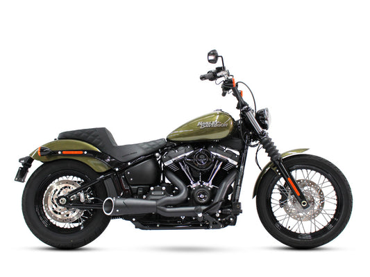 Combat Shorty 2-into-1 Exhaust - Black with Black End Cap. Fits Softail 2018up. - Freedom Performance Exhaust