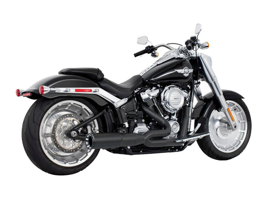 2-into-1 Two Step Exhaust - Black with Black End Cap. Fits Softail Breakout & Fatboy 2018up with 240 Tyre. - Freedom Performance Exhaust