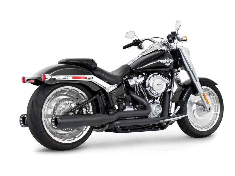4.5in. Two-Step True Dual Exhaust - Black with Contrast Cut Black End Caps. Fits Softail Breakout & Fatboy 2018up with 240 Tyre. - Freedom Performance Exhaust