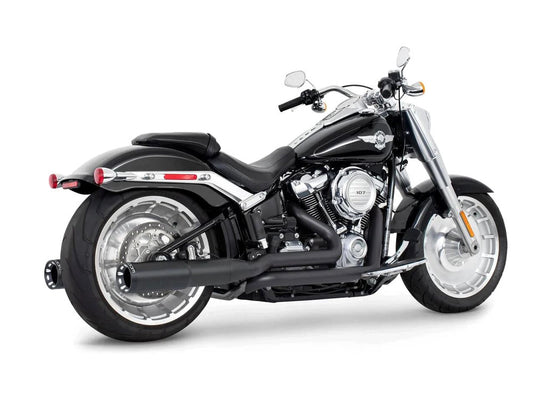 4.5in. Two-Step True Dual Exhaust - Black with Contrast Cut Black End Caps. Fits Softail Breakout & Fatboy 2018up with 240 Tyre. - Freedom Performance Exhaust
