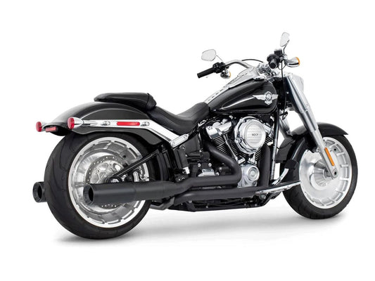 4.5in. Two-Step Trual Dual Exhaust - Black with Pitch Black End Caps. Fits Softail Breakout & Fatboy 2018up with 240 Tyre. - Freedom Performance Exhaust
