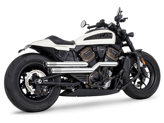 Independence Perforated High Exhaust - Chrome with Black End Caps. Fits Sportster S 2021-2023 - Freedom Performance Exhaust