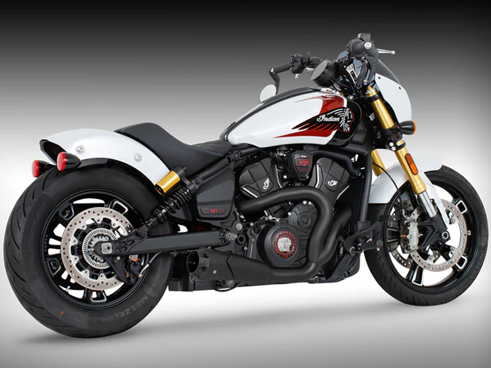 American Outlaw Shorty 2-into-1 Exhaust - Black with Black End Cap. Fits Indian Scout 2025up - Freedom Performance Exhaust