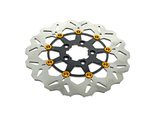 11.8in. Front Wave Floating Disc Rotor - Black with Gold Buttons. Fits Dyna 2006-2017, Softail 2015up, Sportster 2014-2021 & Some Touring 2008-2023 - Gbrakes