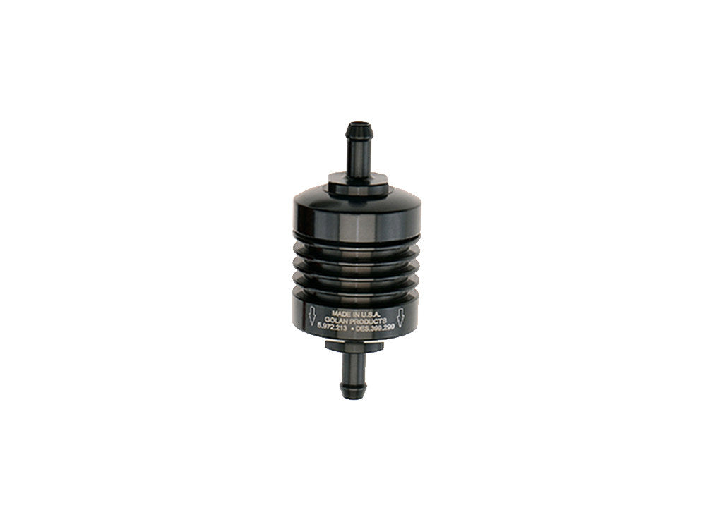 Washable Mini Inline Fuel Filter. 5/16in. Hose x 1.5in. long. Black Billet Aluminium. - Golan Fuel Taps