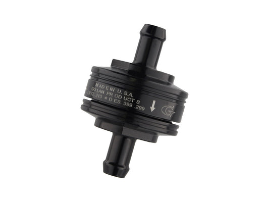 Washable Super Mini Inline Fuel Filter. 5/16in. Hose x 0.675in. long. Black Billet Aluminium. - Golan Fuel Taps