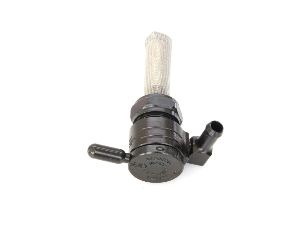 High-Flow Fuel Tap / Petcock with 22mm Thread & 5/16in. Backward Facing Fuel Outlet - Black. Fits Softail 1984-2006, Dyna 1991-2006, FXR 1982-1994, Touring 1988-2006, Sportster 1975-2006 & 4Spd Big Twin 1975-1986 - Golan Fuel Taps