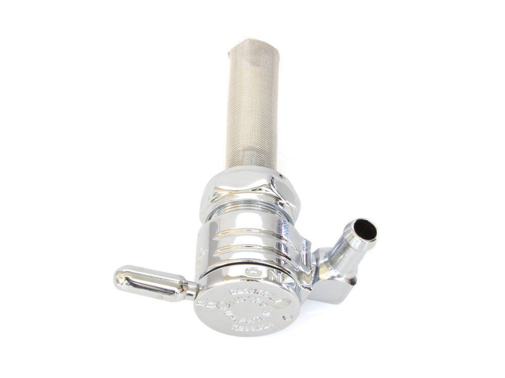 High-Flow Fuel Tap / Petcock with 22mm Thread & 5/16in. Backward Facing Fuel Outlet - Chrome. Fits Softail 1984-2006, Dyna 1991-2006, FXR 1982-1994, Touring 1988-2006, Sportster 1975-2006 & 4Spd Big Twin 1975-1986 - Golan Fuel Taps