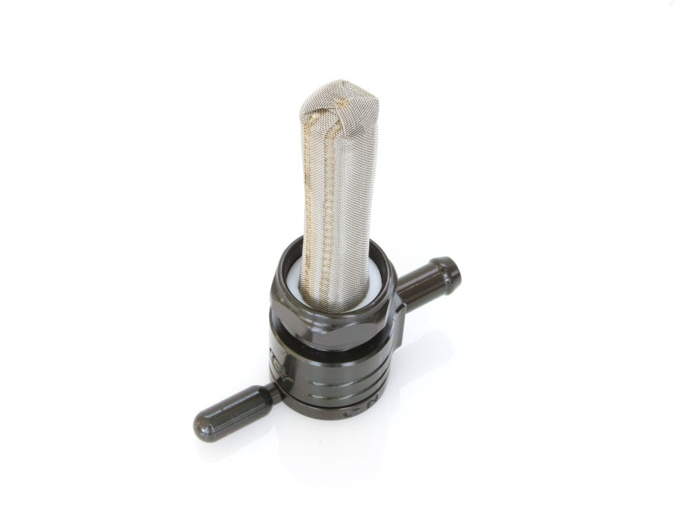 High-Flow Fuel Tap / Petcock with 22mm Thread & 5/16in. Inward Facing fuel Outlet - Black. Fits Softail 1984-2006, Dyna 1991-2006, FXR 1982-1994, Touring 1988-2006, Sportster 1975-2006 & 4Spd Big Twin 1975-1986 - Golan Fuel Taps