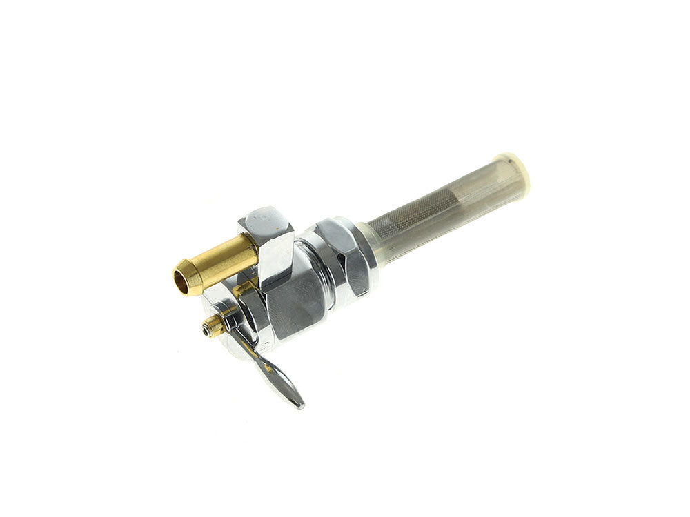 High-Flow Fuel Tap / Petcock with 22mm Thread, 5/16in. Downward Facing Fuel Outlet - Chrome. Fits Softail 1984-2006, Dyna 1991-2006, FXR 1982-1994, Touring 1988-2006, Sportster 1975-2006 & 4Spd Big Twin 1975-1986 - Rollies Speed Shop