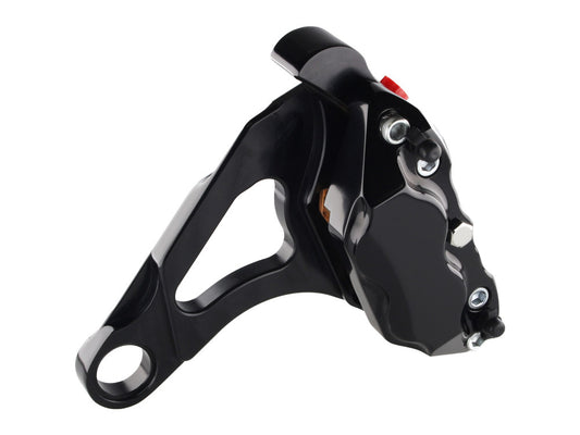 Right Hand Rear 4 Piston Caliper & Mounting Bracket - Black. Fits FX Softail, Fatboy, Rocker & Breakout 2008-2017 Models. - Hawg Halters