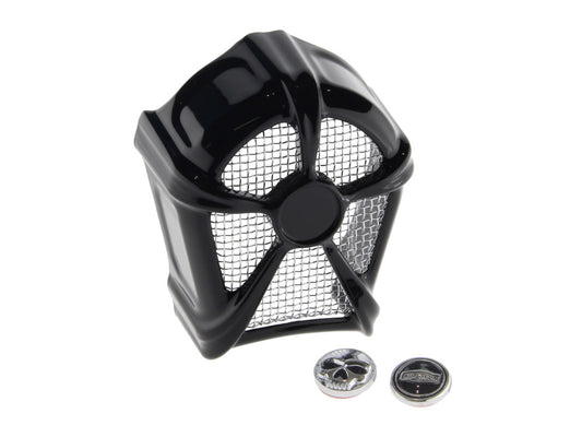 Mach 2 Horn Cover with Chrome Mesh - Black. Fits H-D 1992up with Stock Cowbell Horn # 69060-90 & Replaces the Stock Waterfall Horn Cover # 69012-93. - Kuryakyn
