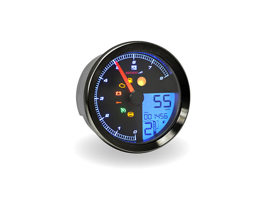 3-3/8in. Round Speedometer with Tachometer - Black. Fits Softail Fat Bob 2018up, Sportster 2014-2021, Dyna Street Bob, Low Rider & Wide Glide 2012-2017 & Softail Breakout, Rocker & Black Line 2011-2017. - Koso