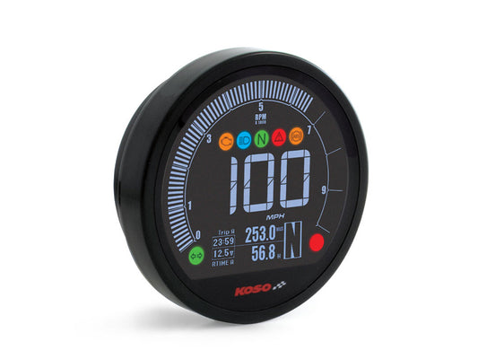 3-3/8in. Round Speedometer with Tachometer - Black. Fits Softail Fat Bob 2018up, Sportster 2014-2021, Dyna Street Bob, Low Rider & Wide Glide 2012-2017 & Softail Breakout, Rocker & Black Line 2011-2017 - Koso