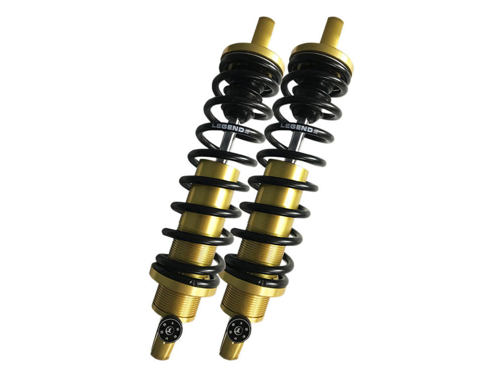 REVO-A Series, 14in. Adjustable Heavy Duty Spring Rate Rear Shock Absorbers - Gold. Fits Dyna 1991-2017. - Legend Suspension