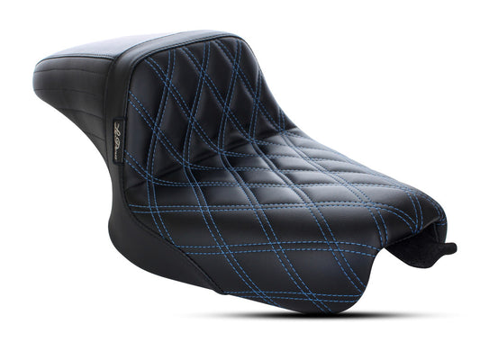 Kickflip Dual Seat with Blue Double Diamond Stitch. Fits Sportster 2004-2006 & Sportster 2010-2021 Models with either 3.3 or 4.5 Gallon Tank. - LePera Seats