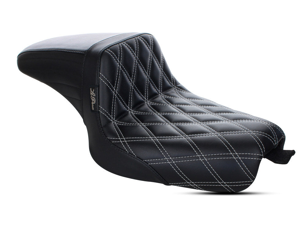 Kickflip Dual Seat with White Double Diamond Stitch. Fits Sportster 2004-2006 & Sportster 2010-2021 Models with either 3.3 or 4.5 Gallon Tank. - LePera Seats