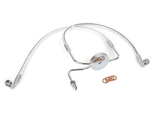Lower Front Brake Line with T-Piece - Sterling Chromite. Fits Sportster & Dyna Models with Dual Front Calipers. - Magnum Shielding