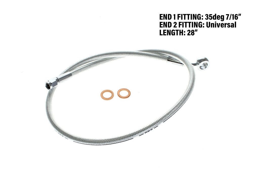 28in. Upper Front Brake Line with 7/16in. x 35 Degree Banjo - Sterling Chromite. - Magnum Shielding