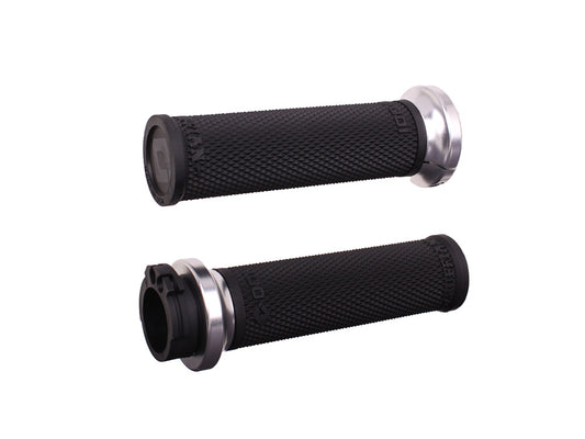 Ruffian Lock-On Handgrips - Black/Silver. Fits H-D with Throttle Cable. - ODI Grips & Bars