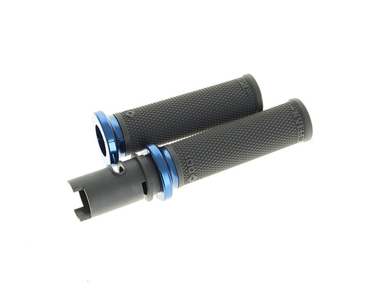 Ruffian Lock-On Handgrips - Graphite/Blue. Fits CVO Touring 2023up, Street Glide & Road Glide 2024up, Touring 2025up & Softail 2025up - ODI Grips & Bars