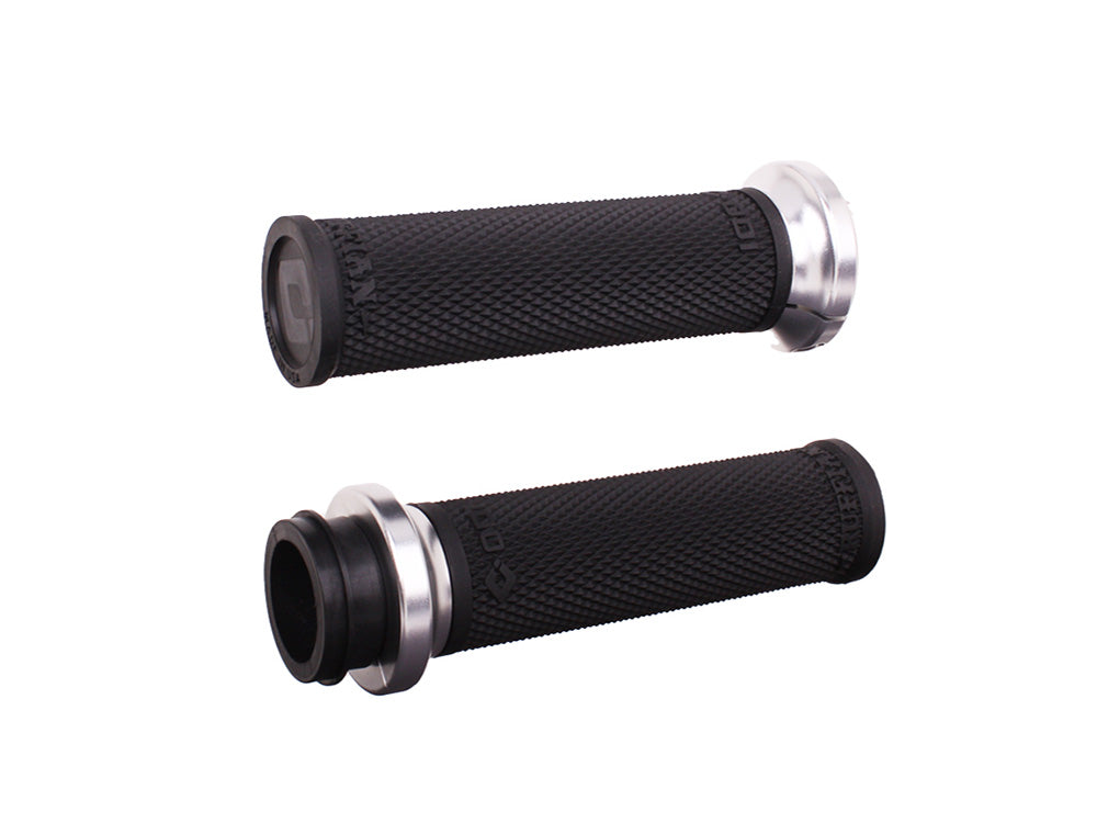 Ruffian Lock-On Handgrips - Black/Silver. Fits Big Twin 2008-2024 with Throttle-by-Wire - ODI Grips & Bars