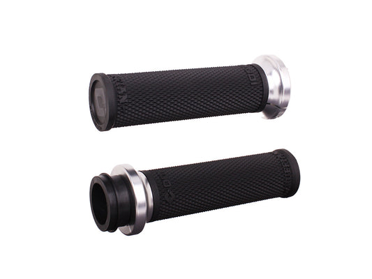 Ruffian Lock-On Handgrips - Black/Silver. Fits Big Twin 2008-2024 with Throttle-by-Wire - ODI Grips & Bars