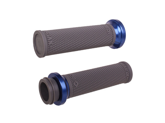 Ruffian Lock-On Handgrips - Graphite/Blue. Fits Big Twin 2008-2024 with Throttle-by-Wire - ODI Grips & Bars