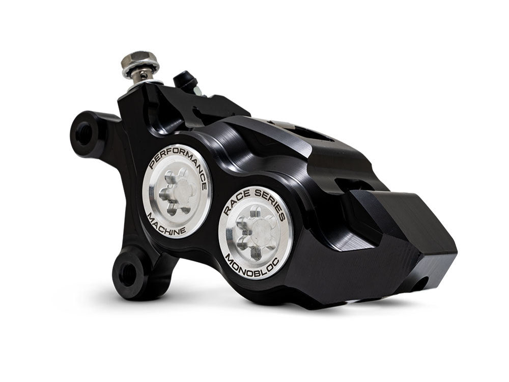 Left Hand Front 4 Piston Race Series Caliper - Black & Chrome. Fits Softail 2015up, V-Rod 2006-2017, Touring Most 2008-2024 & Sportster 2014-2021 - Performance Machine