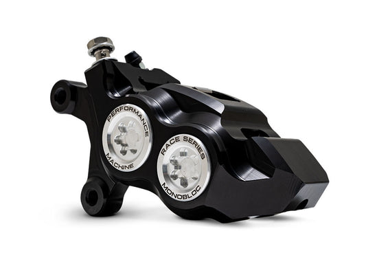 Left Hand Front 4 Piston Race Series Caliper - Black & Chrome. Fits Softail 2015up, V-Rod 2006-2017, Touring Most 2008-2024 & Sportster 2014-2021 - Performance Machine