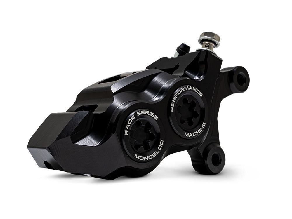 Right Hand Front 4 Piston Race Series Caliper - Black Ops. Fits Softail 2015up, V-Rod 2006-2017, Touring Most 2008-2024 & Sportster 2014-2021 - Performance Machine