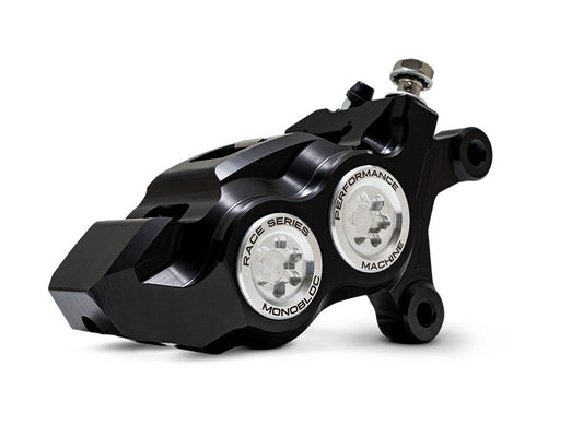 Right Hand Front 4 Piston Race Series Caliper - Black & Chrome. Fits Softail 2015up, V-Rod 2006-2017, Touring Most 2008-2024 & Sportster 2014-2021 - Performance Machine