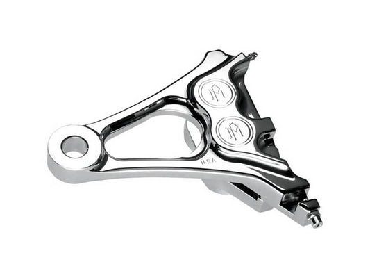 Right Hand Rear Integrated 4 Piston Caliper & Mounting Bracket - Chrome. Fits Softail 2008-2017 & New Phatail Kits with 25mm Axle. - Performance Machine