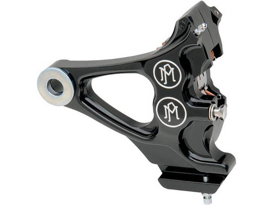 Right Hand Rear Integrated 4 Piston Caliper & Mounting Bracket - Black Contrast Cut. Fits Softail 1987-1999 with 3/4in. Rear Axle. - Performance Machine