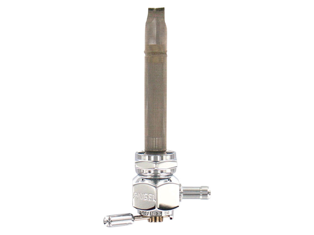 High-Flow Fuel Tap / Petcock with 22mm Thread, 5/16in. Backward Facing Fuel Outlet - Chrome. Fits Softail 1984-2006, Dyna 1991-2006, FXR 1982-1994, Touring 1988-2006, Sportster 1975-2006 & 4Spd Big Twin 1975-1986 - Pingle