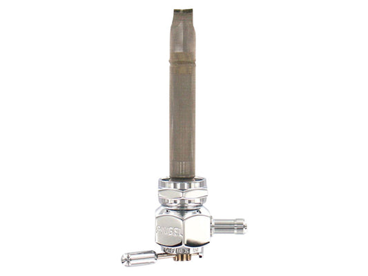 High-Flow Fuel Tap / Petcock with 22mm Thread, 5/16in. Backward Facing Fuel Outlet - Chrome. Fits Softail 1984-2006, Dyna 1991-2006, FXR 1982-1994, Touring 1988-2006, Sportster 1975-2006 & 4Spd Big Twin 1975-1986 - Pingle