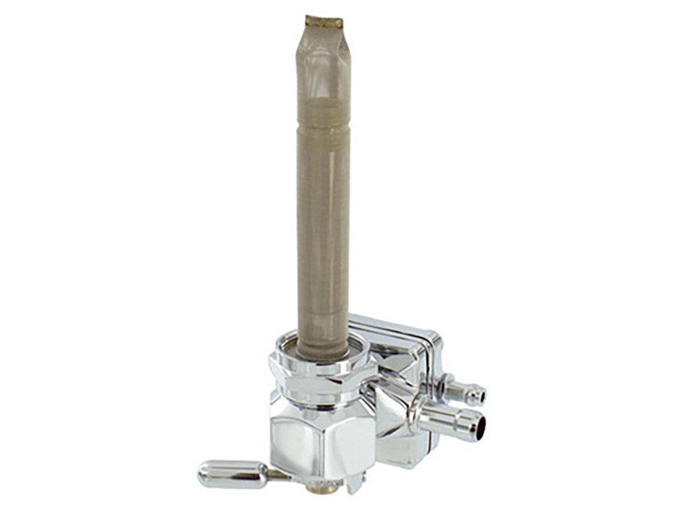 High-Flow Vacuum Operated Fuel Tap / Petcock with 22mm Thread, 5/16in. Backward Facing Fuel Outlet - Chrome. Fits Softail 1995-2006, Dyna 1995-2006, Touring 1993-2006 - Pingle