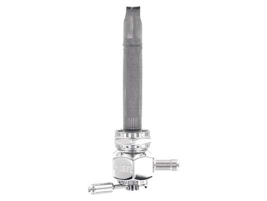 High-Flow Fuel Tap / Petcock with 22mm Thread, 5/16in. Inward Facing Fuel Outlet - Chrome. Fits Softail 1984-2006, Dyna 1991-2006, FXR 1982-1994, Touring 1988-2006, Sportster 1975-2006 & 4Spd Big Twin 1975-1986 - Pingle