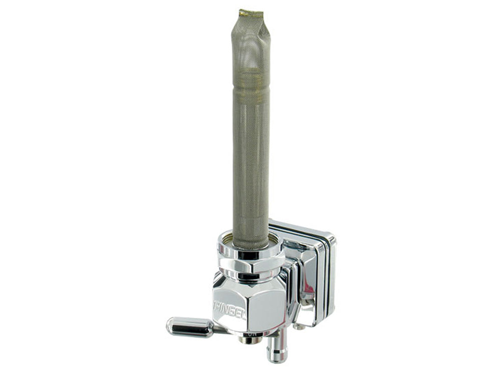 High-Flow Vacuum Operated Fuel Tap / Petcock with 22mm Thread, 5/16in. Downward Facing Fuel Outlet - Chrome. Fits Sportster 1995-2006 - Pingle