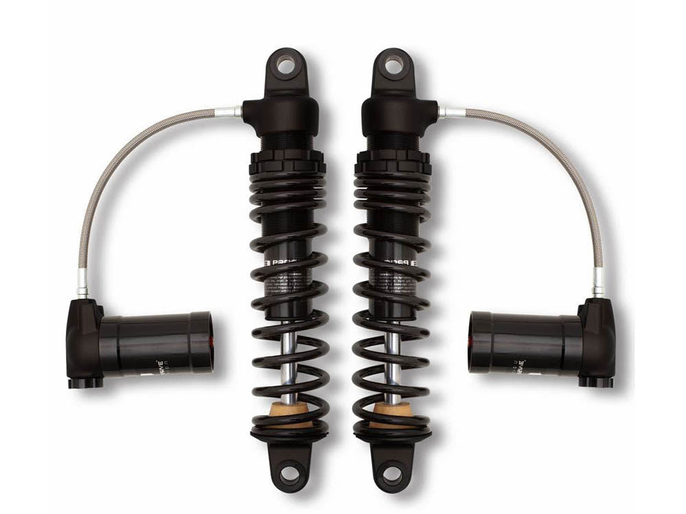 970 Series, 12in. Standard Spring Rate Rear Shock Absorbers with Remote Reservoir - Black. Fits Touring 1980up with 5 or 6 Speed Transmission. - Progressive Suspension