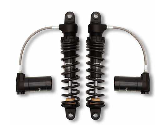 970 Series, 12in. Standard Spring Rate Rear Shock Absorbers with Remote Reservoir - Black. Fits Touring 1980up with 5 or 6 Speed Transmission. - Progressive Suspension