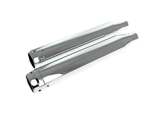 3in. Slip-On Mufflers - Chrome with Chrome Scalloped End Caps. Fits Softail Deuce 2007 & Fat Boy 2007-2017 - Rinehart Exhaust