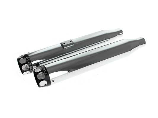 3in. Slip-On Mufflers - Chrome with Black Scalloped End Caps. Fits Softail Deuce 2007 & Fat Boy 2007-2017 - Rinehart Exhaust