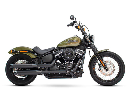 3-1/2in. Slip-On Mufflers - Black with Black Contrast Cut End Caps. Fits Softail Slim, Street Bob, Standard & Low Rider Models 2018-2024 & Breakout & Fat Boy 2018up - Rinehart Exhaust