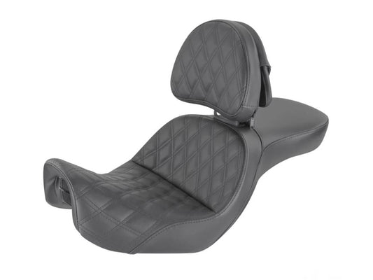 Explorer LS Dual Seat With Backrest & with Black Double Diamond Lattice Stitch. Fits Dyna 2006-2017 - Saddlemen Seats