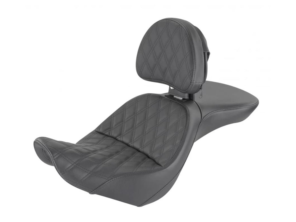Explorer LS Dual Seat With Backrest & with Black Double Diamond Lattice Stitch. Fits Softail 2006-2017 with OEM 200 Rear Tyre. - Saddlemen Seats