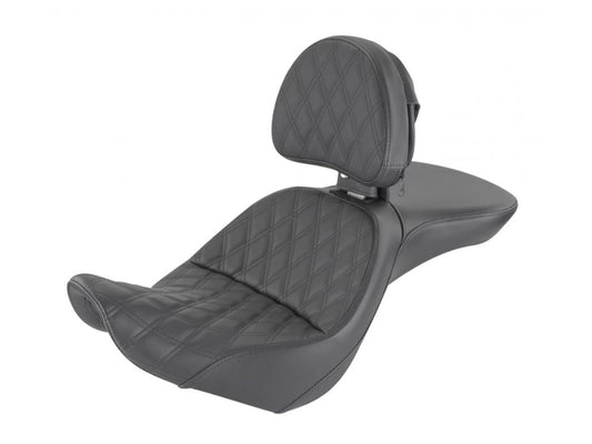 Explorer LS Dual Seat With Backrest & with Black Double Diamond Lattice Stitch. Fits Softail 2006-2017 with OEM 200 Rear Tyre. - Saddlemen Seats