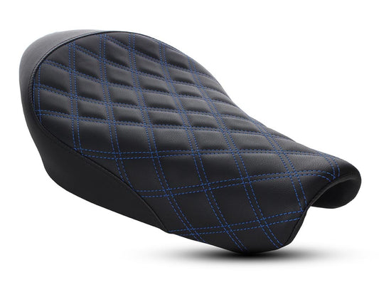Renegade LS Solo Seat with Blue Double Diamond Lattice Stitch. Fits Sportster 2004-2021 with 3.3 Gallon Fuel Tank. - Saddlemen Seats