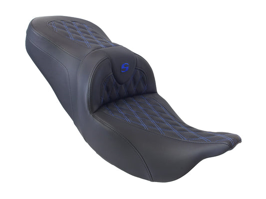 Roadsofa LS Dual Seat with Blue Double Diamond Lattice Stitch. Fits Most Touring 2008-2024 - Saddlemen Seats