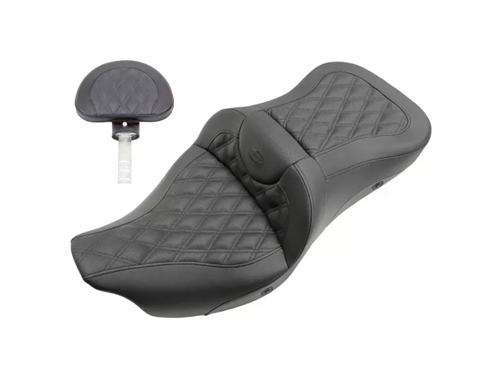 Heated Roadsofa LS Dual Seat With Backrest & Black Double Diamond Lattice Stitch. Fits Most Touring 2008-2024 - Saddlemen Seats